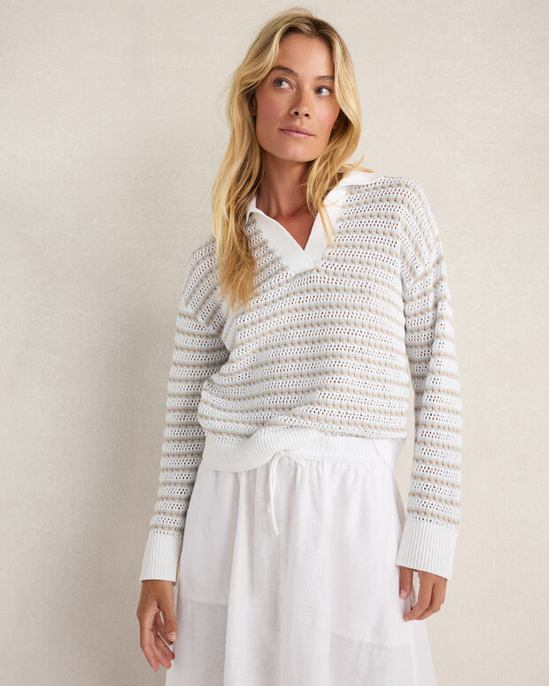Organic Cotton Stripe Mixed Stitch Johnny Collar Sweater | Haven Well Within