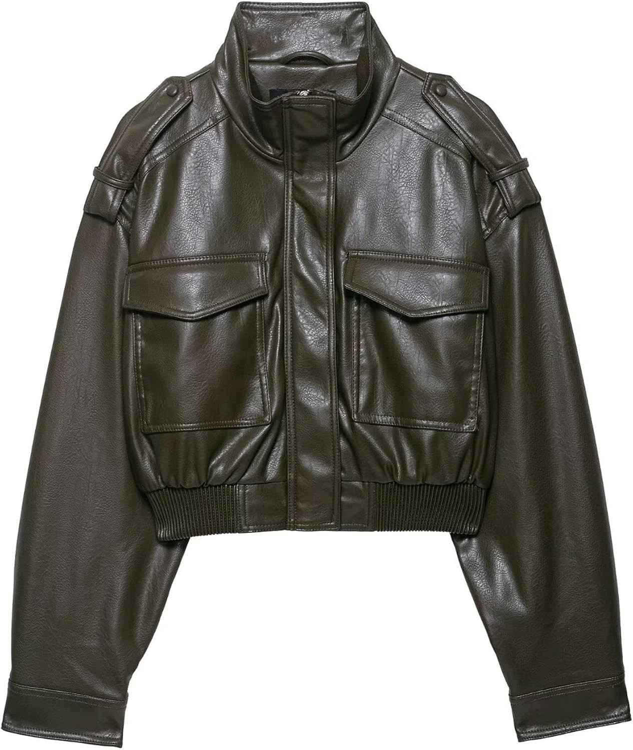 Women’s Cropped Faux Leather Jacket Vintage Stand Collar Long Sleeve Zip Up Fall Fashion Motorcycle Bomber Coats | Amazon (US)