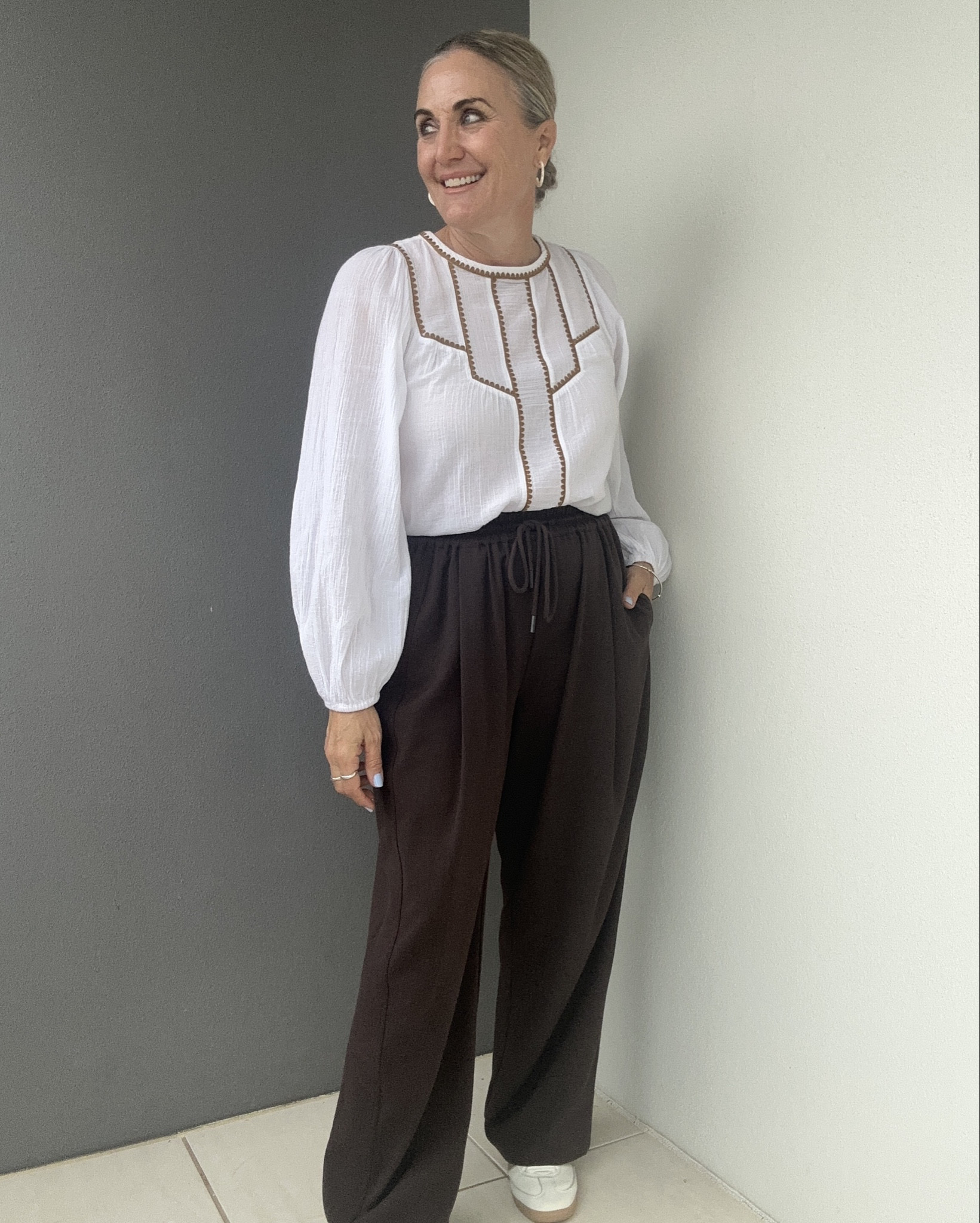 A relaxed tonal look for a miserable day. 
Choc brown elastised waistband band pants S
Embroidered shirt M
Shacket size 12

#LTKover50style #LTKaustralia #LTKautumn