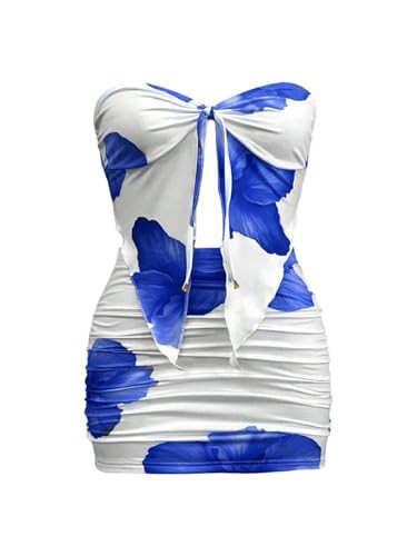 SOLY HUX Women's Summer 2 Piece Mini Skirt Sets Floral Strapless Tube Tops and Bodycon Skirt Vacation Outfits Blue Floral Small | Amazon (US)
