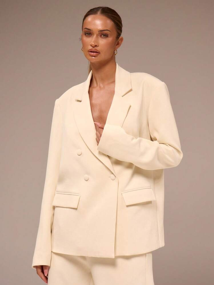 MUSERA Oversized Blazer Notched Lapel Double Breasted Elegant Professional Business Casual Vacation Winter Work Office Old Money Date Night Going Out Back To School Wedding Guest Suit Cute Everyday Smart Cream Tailored Valentines Day Spring Valentines Day | SHEIN