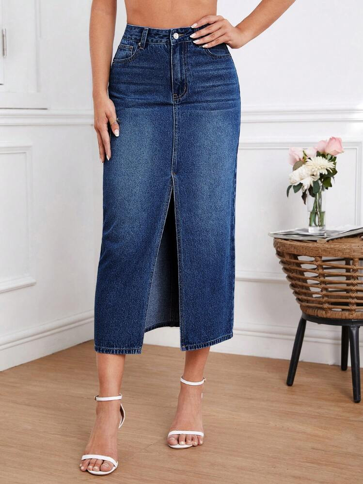 SHEIN Essnce High Waist Split Thigh Denim Skirt | SHEIN