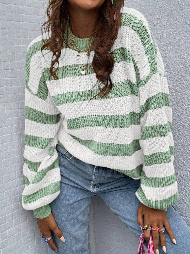 Green stripe Sweater  | SHEIN