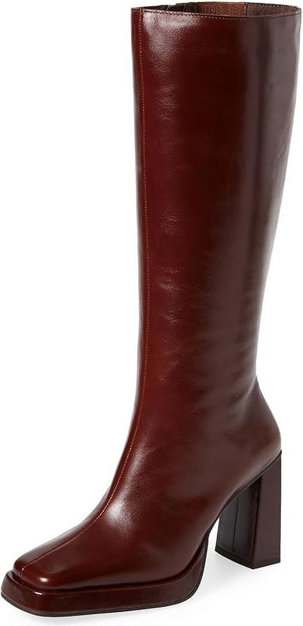 Dsevht Dark Red Leather Knee High Boots for Women Platform Chunky Block Heeled Burgundy Boots Squ... | Amazon (US)