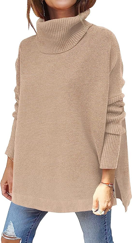 ANRABESS Women's Turtleneck Oversized 2022 Long Batwing Sleeve Spilt Hem Knit Tunic Pullover Swea... | Amazon (US)