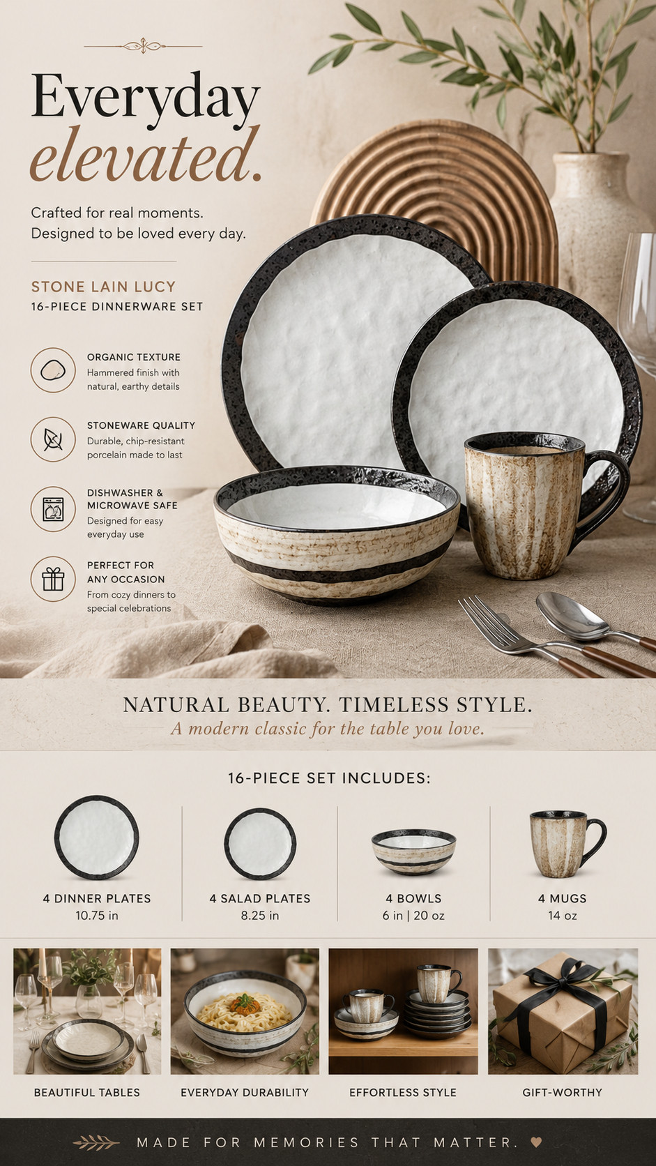 Stone Lain Lucy dinnerware set — modern earthy elegance for everyday dining 🤎

This 16-piece porcelain set has that warm, organic designer look that instantly makes a table feel styled and elevated. The beige stone-inspired texture with the bold dark rim feels modern, natural, and a little artisanal — perfect for cozy dinners, open-shelf styling, brunches, or a beautiful everyday table setup.

Includes service for 4:
4 dinner plates
4 salad plates
4 bowls
4 mugs

A great choice if you love neutral interiors, modern farmhouse style, organic textures, and dinnerware that looks expensive but still feels easy to use every day.

#dinnerware #tablescape #homedecor #kitchenfinds #LTKhome 

 #LTKfoodie #LTKHome