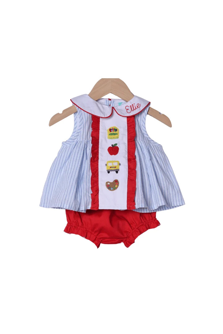French Knot School Blue Pinstripe Red Ruffle Bloomer Set | The Smocked Flamingo