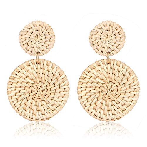 LIAO Jewelry Weave Straw Double Disc Drop Earrings Boho Rattan Dangle Statement Earrings | Amazon (US)