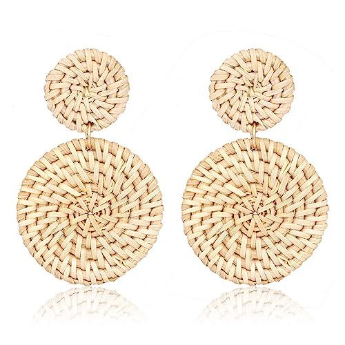 LIAO Jewelry Weave Straw Double Disc Drop Earrings Boho Rattan Dangle Statement Earrings | Amazon (US)