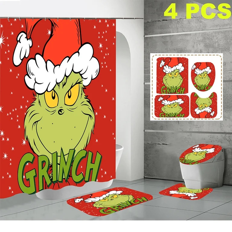 Grinch Christmas Shower Curtain Set with Rugs, Toilet Lid Cover Bath Mat ,Christmas Decoration Sh... | Walmart (US)