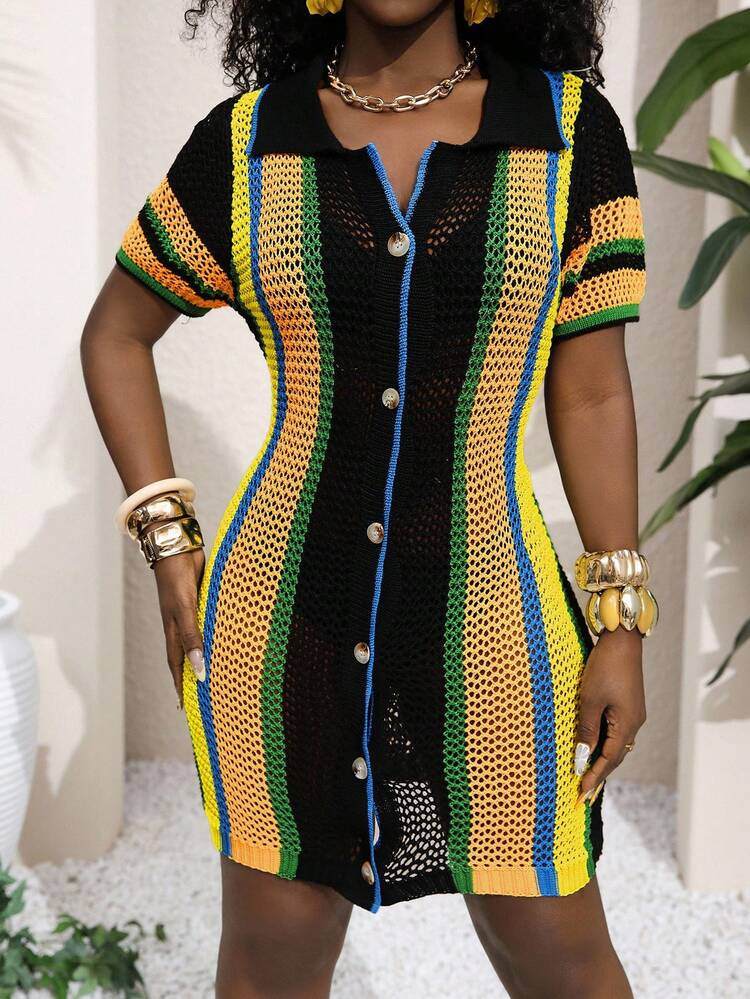 Slaydiva Women's Colorful Striped Short Sleeve Single Breasted Hollow Out Knitted Dress Jamaica Outfits Plus Size Crochet Dress Short Sleeve Summer Dress Women Shirt Dress Rave Outfits Festival | SHEIN