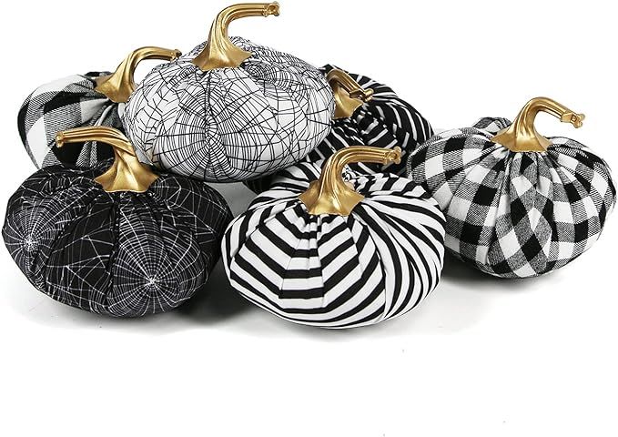 Tinsow 6 Pcs Fabric Pumpkins Halloween Decoration, 4.7” Black and White Pumpkins, White Grid Ch... | Amazon (US)