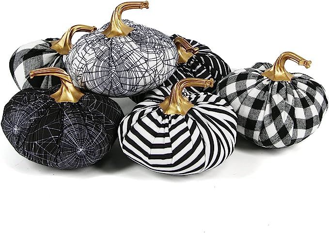 Tinsow 6 Pcs Fabric Pumpkins Halloween Decoration, 4.7” Black and White Pumpkins, White Grid Ch... | Amazon (US)