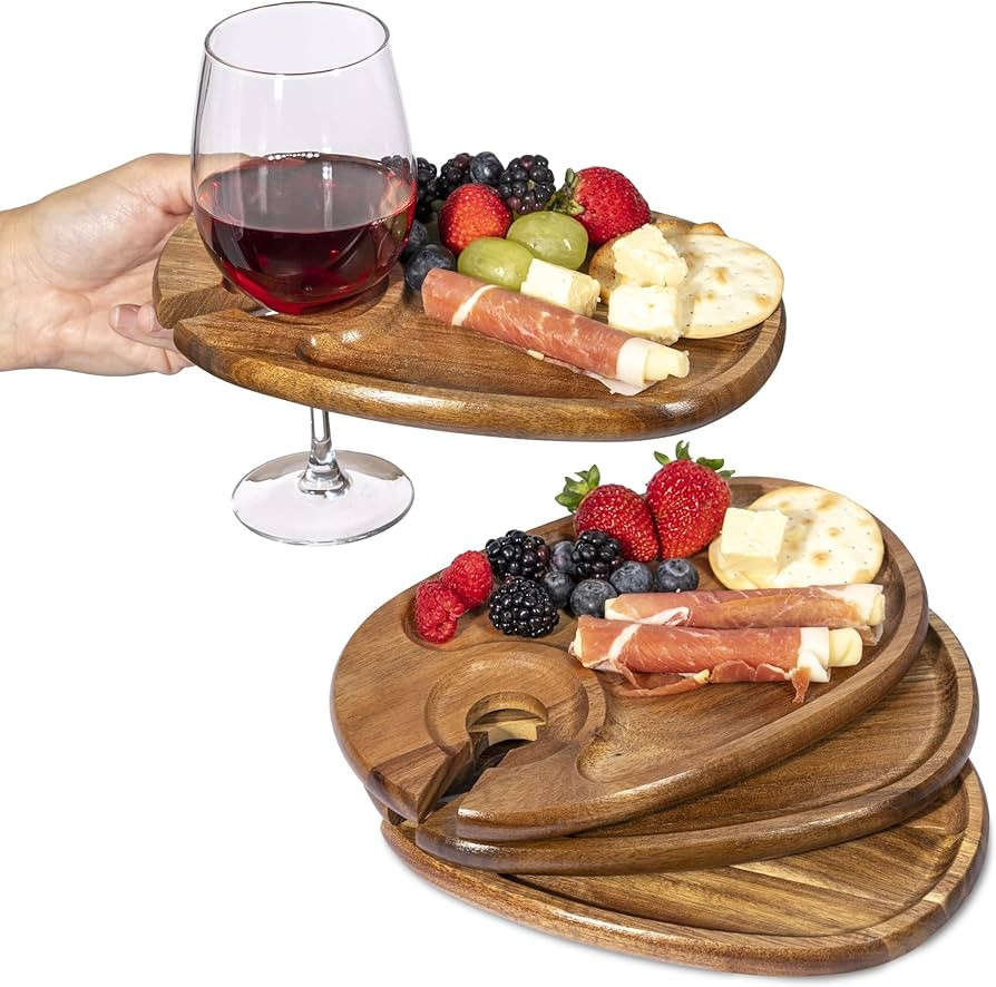 Wine Glass Holder Plates – Acacia Wooden Appetizer & Snack Plates for Party, Wine & Cheese Mini... | Amazon (US)