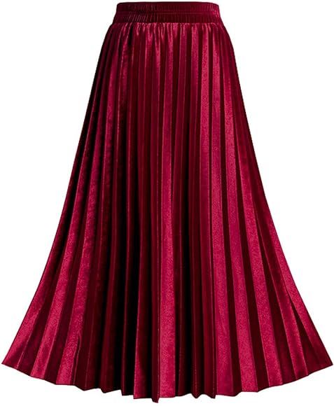 TONCHENGSD Women's High Elastic Waist Velvet Midi Long Pleated Swing Ruffled Skirt | Amazon (US)