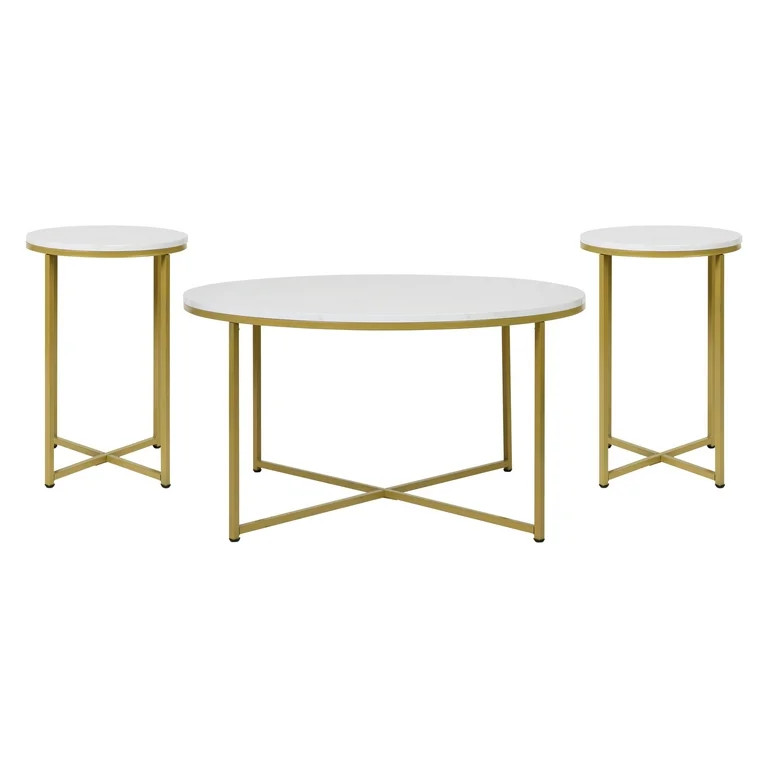 Flash Furniture Hampstead Contemporary Coffee and End Tables Table Set, White Marble/Brushed Gold | Walmart (US)