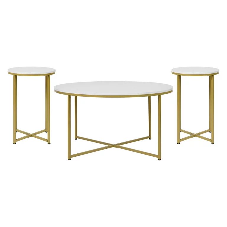 Flash Furniture Hampstead Contemporary Coffee and End Tables Table Set, White Marble/Brushed Gold | Walmart (US)