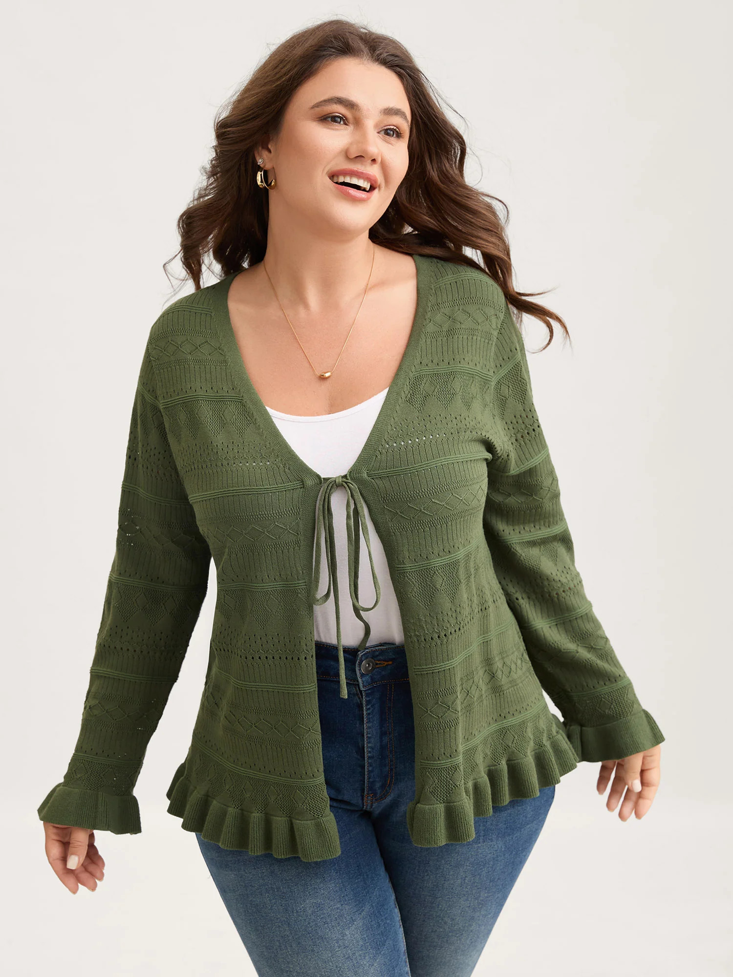 Ruffled Hem Front Tie Textured Lightweight Cardigan | Bloomchic