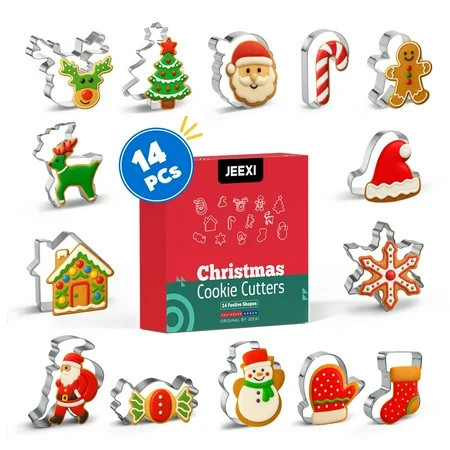 JEEXI 14 Pack Christmas Cookie Cutters Set, Holiday Winter Xmas Cookies Cutters, Party Baking Supplies, Stainless Steel Gingerbread Man Tree Snowflake Candy Cane Santa Snowman and More | Walmart (US)