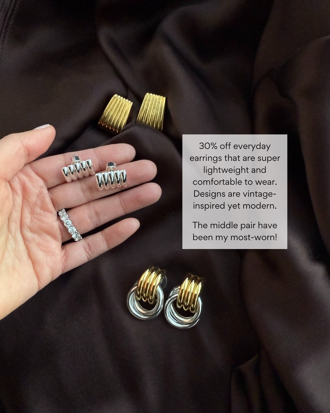 Cyber Monday sale - favorites are the minimal ribbed Clemmie earrings. Come in gold or silver tone and are the most lightweight.

Comes boxed and ready to gift!

Bottom pair is also lightweight due to being hollow. Love two tone since I mix metals a lot and this helps tie the other pieces together 

Gifts for her , vintage classic style 



#LTKGiftGuide #LTKCyberWeek #LTKFindsUnder100