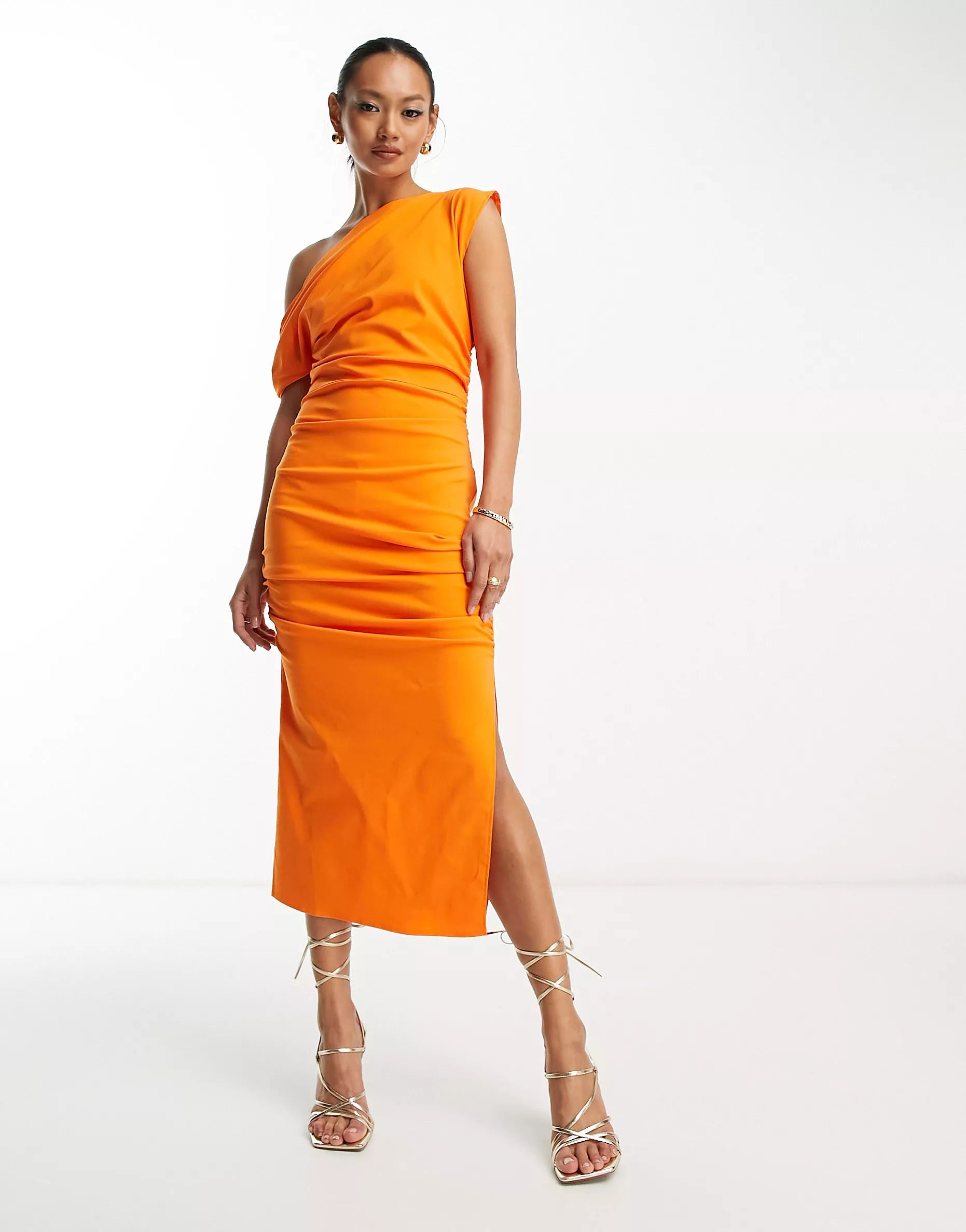 ASOS DESIGN bengaline asymmetric drape midi dress in bright orange | ASOS (Global)