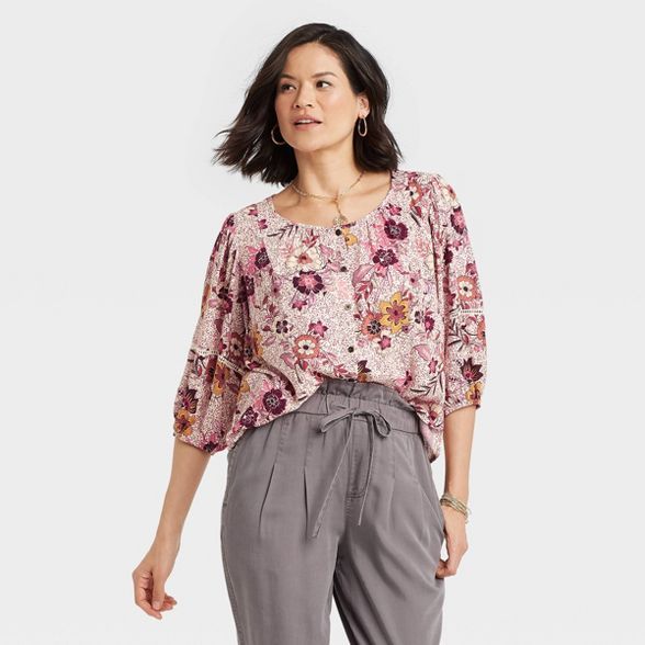 Women's Floral Print 3/4 Sleeve Button-Front Top - Knox Rose™ Ivory | Target