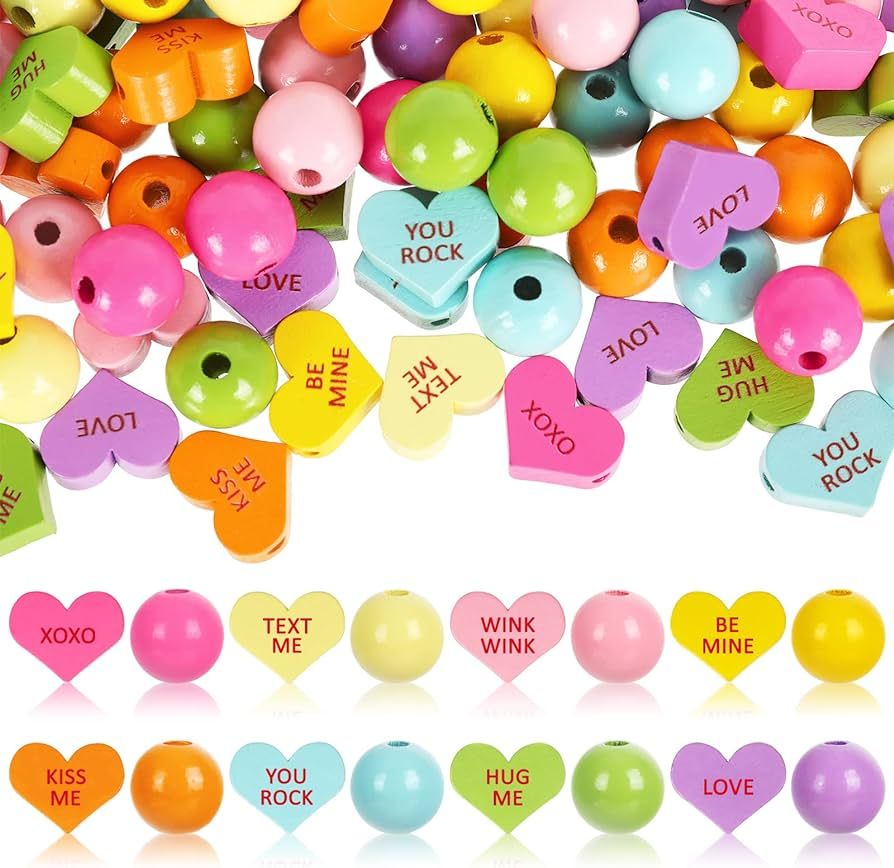 Whaline 200Pcs Valentine's Day Wooden Beads with Hemp Rope Colorful Heart Beads Sweet Conversatio... | Amazon (US)