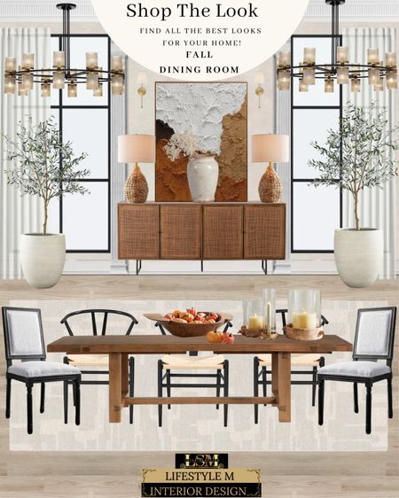 Modern Farmhouse Dining Room Design Fall themed. Wood dining table, modern farmhouse dining chair, fall home decor, fall candle holders, wood cane console table, fall table lamp, brown fall wall art, modern wheel chandelier, beige white vase, light gray dining room rug, white tree planter pot, faux olive tree, brass wall sconce.

#LTKsalealert #LTKhome #LTKstyletip
