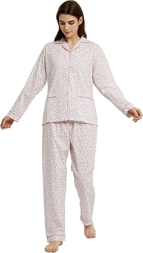 amaxer Women's 100% Cotton Pajama Set Short/Long Sleeved Pants/Shorts Soft Button PJs Elastic Dra... | Amazon (US)
