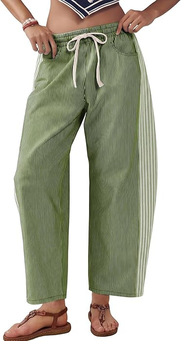 Women's Baggy Wide Leg Jeans Mid Rise Barrel Denim Ankle Pants Casual Striped Pull On Drawstring ... | Amazon (US)