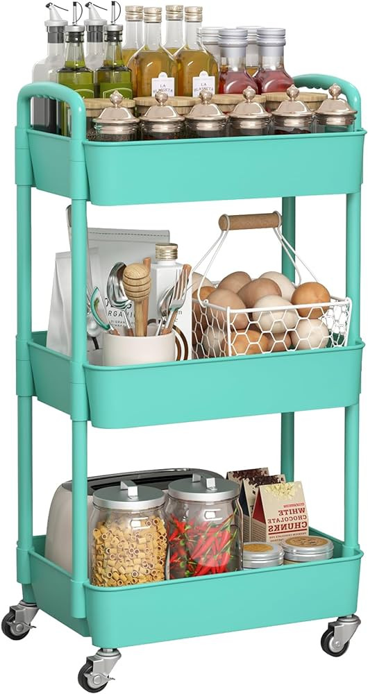 Sywhitta 3-Tier Plastic Rolling Utility Cart with Handle, Multi-Functional Storage Trolley for Of... | Amazon (US)