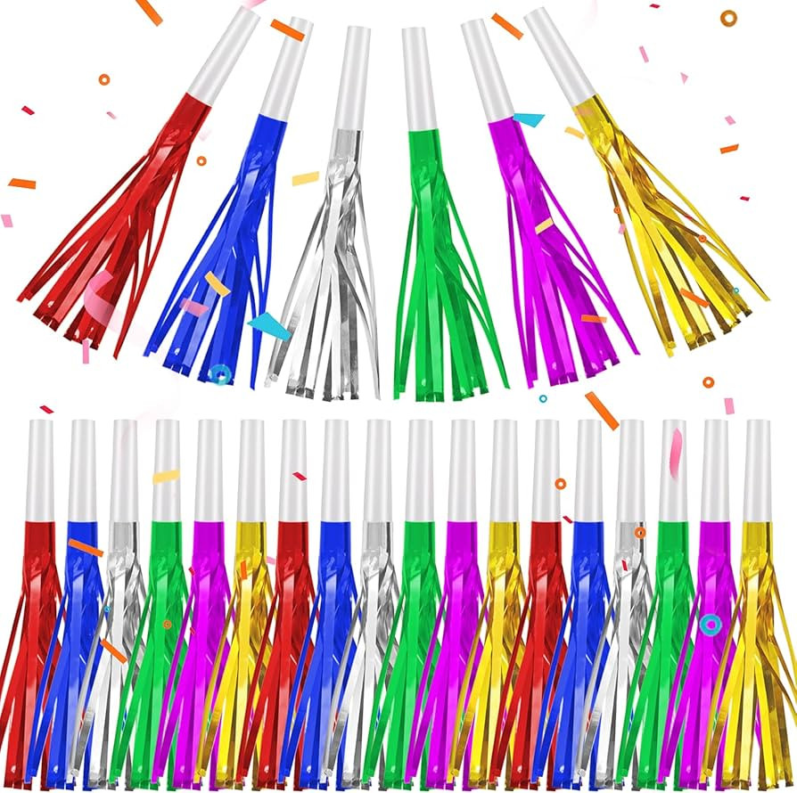 24 Pack Metallic Fringe Party Blowers - Kids Party Noise Makers,Party Blowers for Kids,Horns & Wh... | Amazon (US)