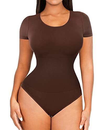 FeelinGirl Seamless Short Sleeve Bodysuit for Women Tummy Control Shapewear Scoop Neck Thong Sculpting Jumpsuit Tops | Amazon (US)