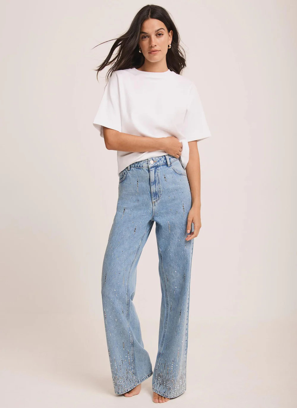 Indigo Cotton Embellished Wide Jeans | Mint Velvet