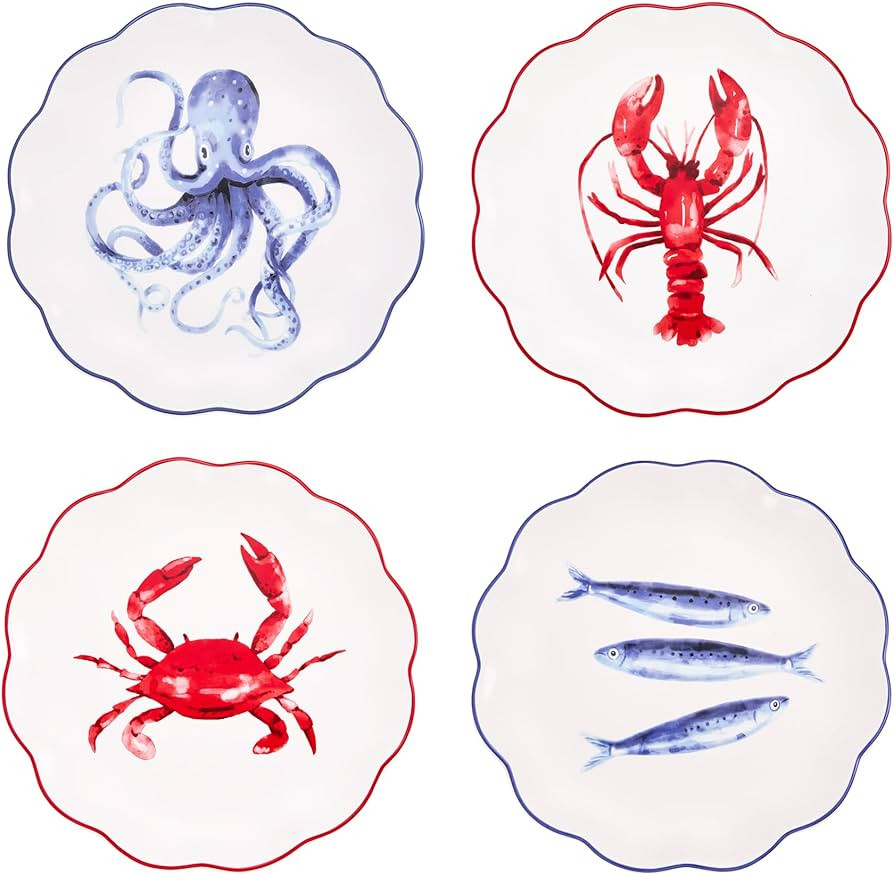 Bico Ocean Wonders Scalloped Salad Plates Set of 4, 8.75 Inch Ceramic Dessert Plates for Salad, A... | Amazon (US)