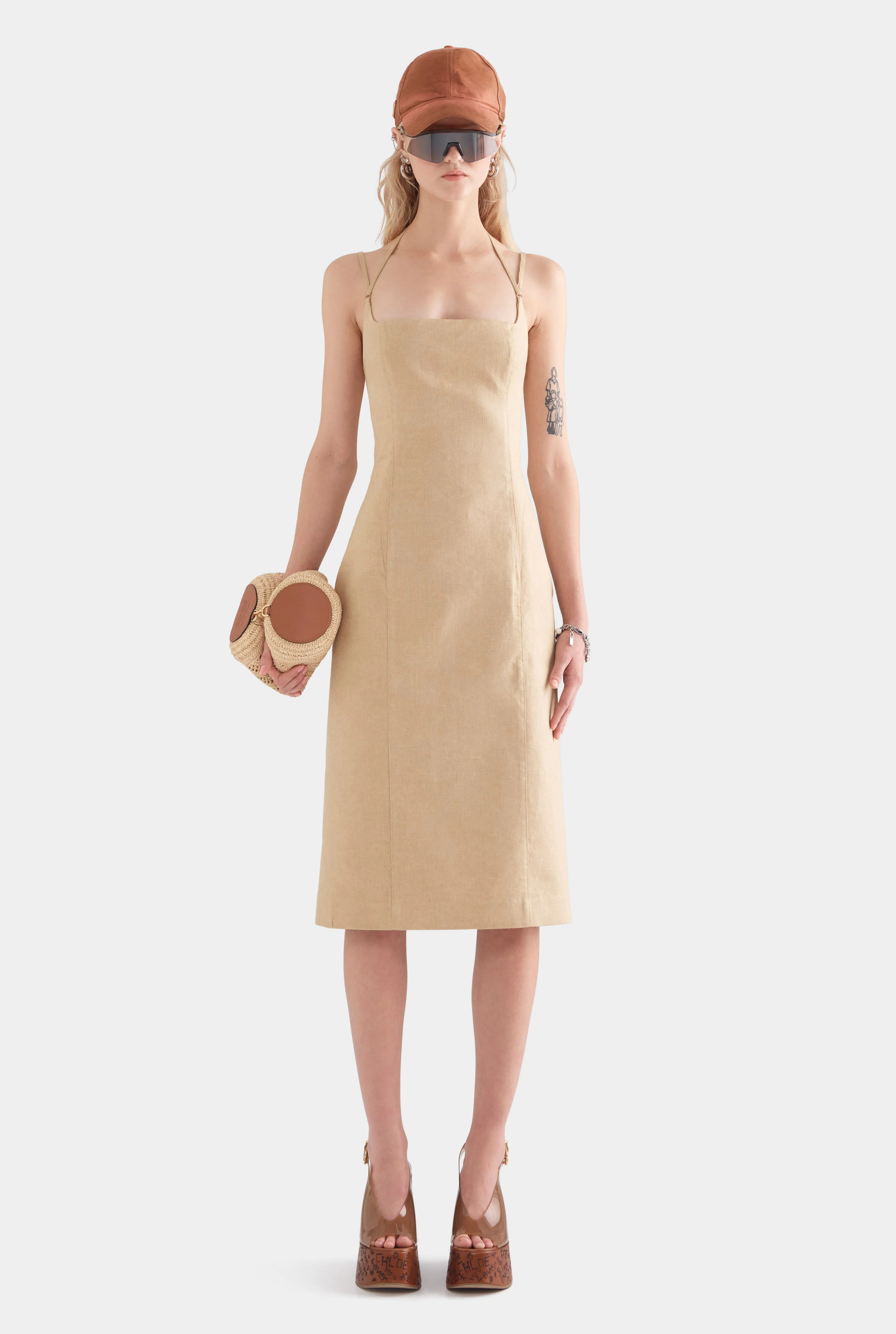 Womens Panelled Linen Midi Dress in Hazelnut | Venroy | Venroy AU
