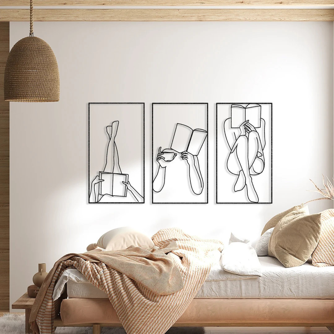 Set of 3 Bookish Metal One Line Art Woman Reading Book - Etsy | Etsy (US)