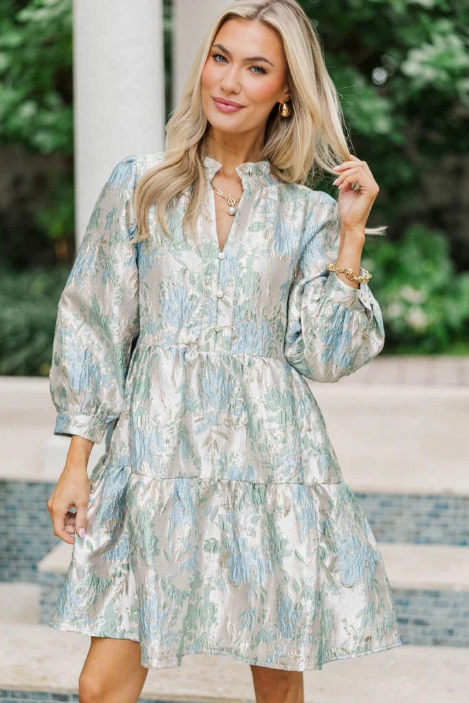 Playful Fun Light Blue Brocade Dress | The Mint Julep Boutique