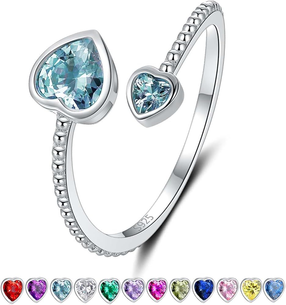 Step Forward Girls Ring 925 Sterling Silver Birthstone Rings for Women - Adjustable Open Heart Ri... | Amazon (US)