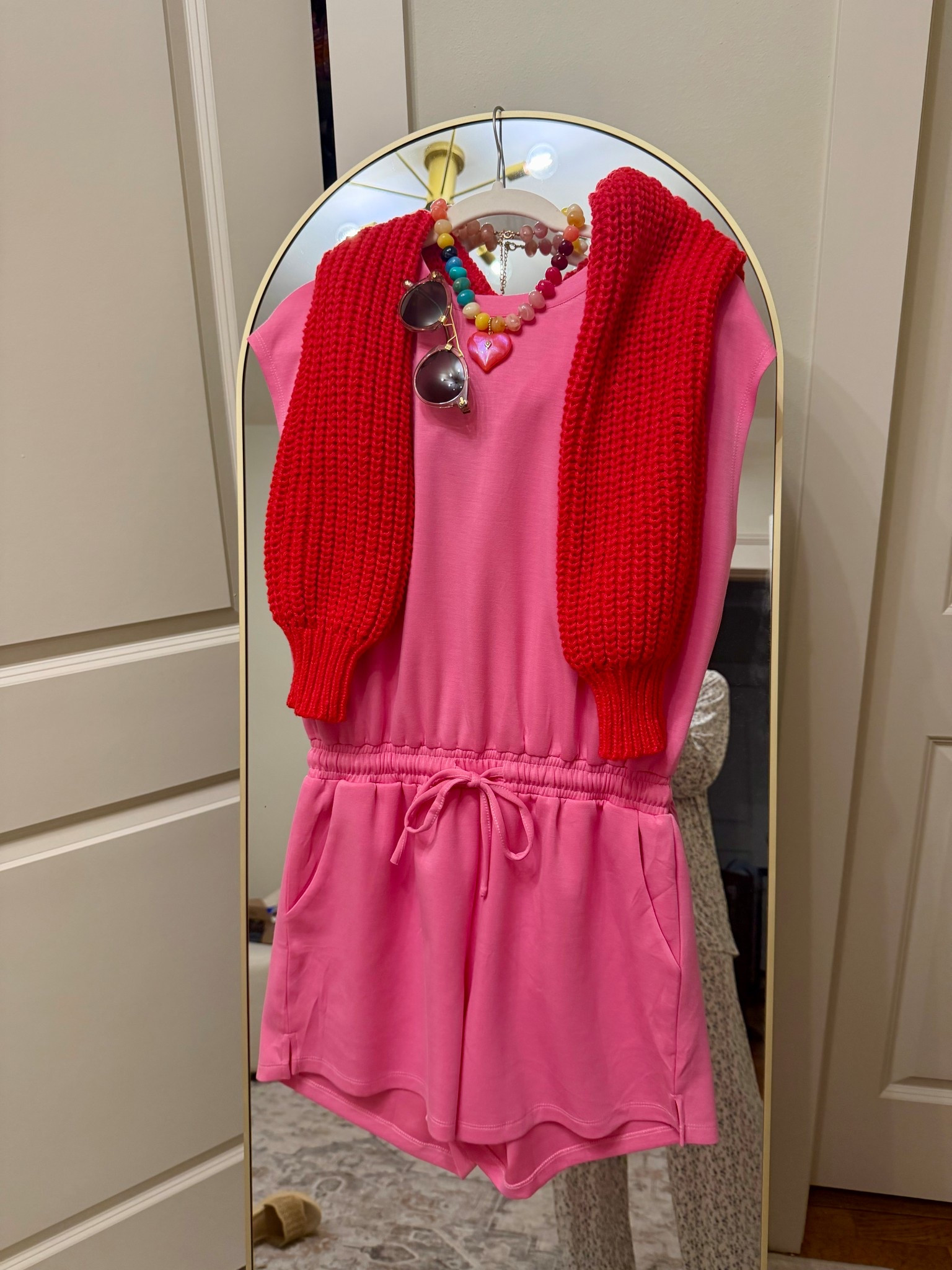 Amazon outfit idea! So fun for spring with these bright colors! Amazon necklace and shoes and love this chunky cardigan too! Sunnies are medium green yellow color way. Wearing size small in romper and cardigan 

#LTKPetite #LTKmomlife #LTKootd