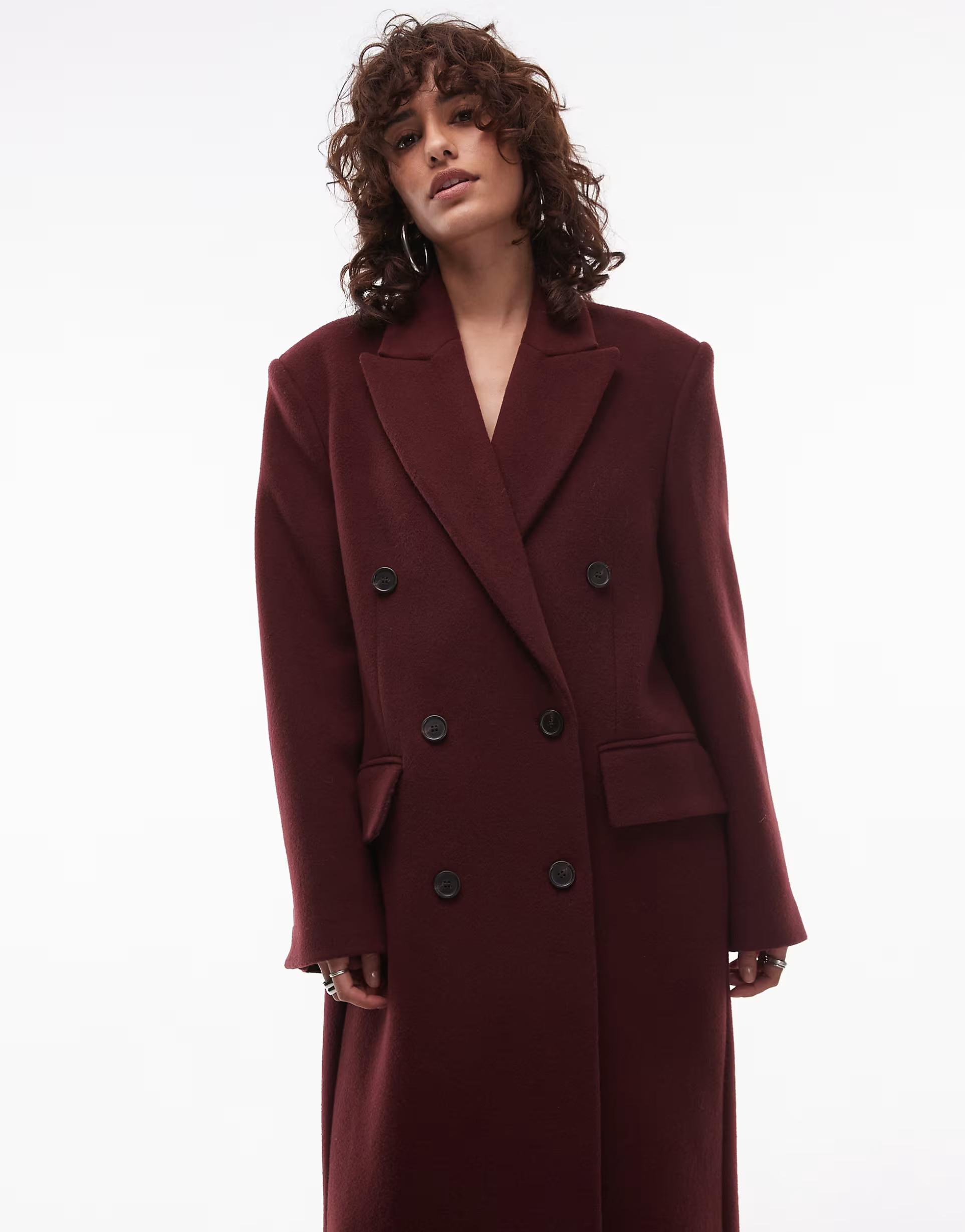 ARKET wool blend double breasted maxi coat in dark burgundy | ASOS (Global)