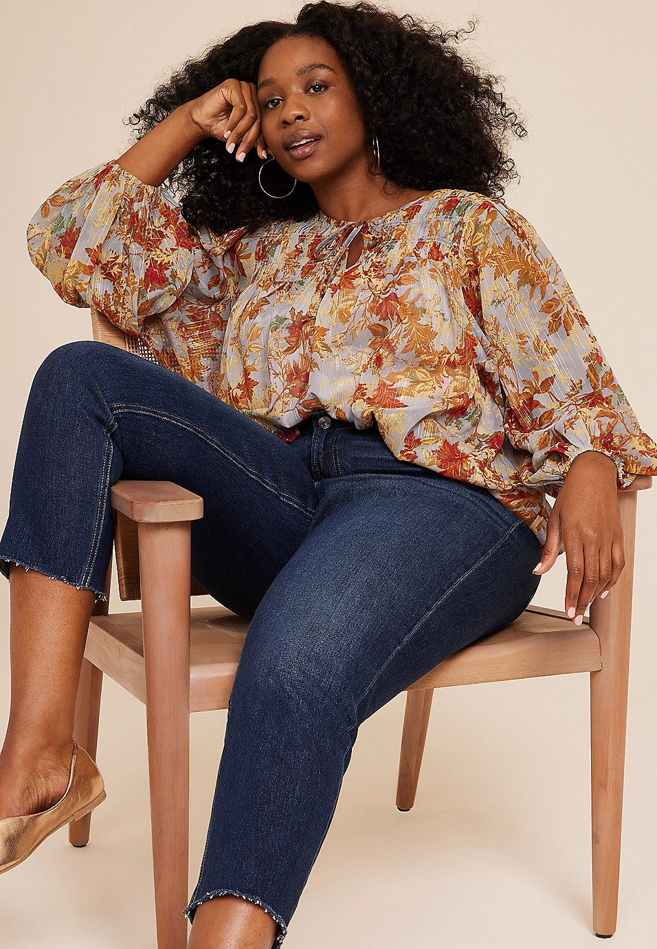 Plus Size Metallic Floral Blouson Sleeve Top | Maurices