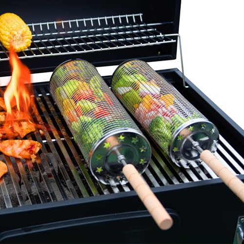LANEJOY Rolling Grill Baskets with Handle (11.2" x 3.9"), 2 PCS Stainless Steel Rolling Grilling Basket for Outdoor Grill, Portable Grill Nets for Vegetable Shrimp Chicken, Barbecue Accessories Gift | Amazon (US)