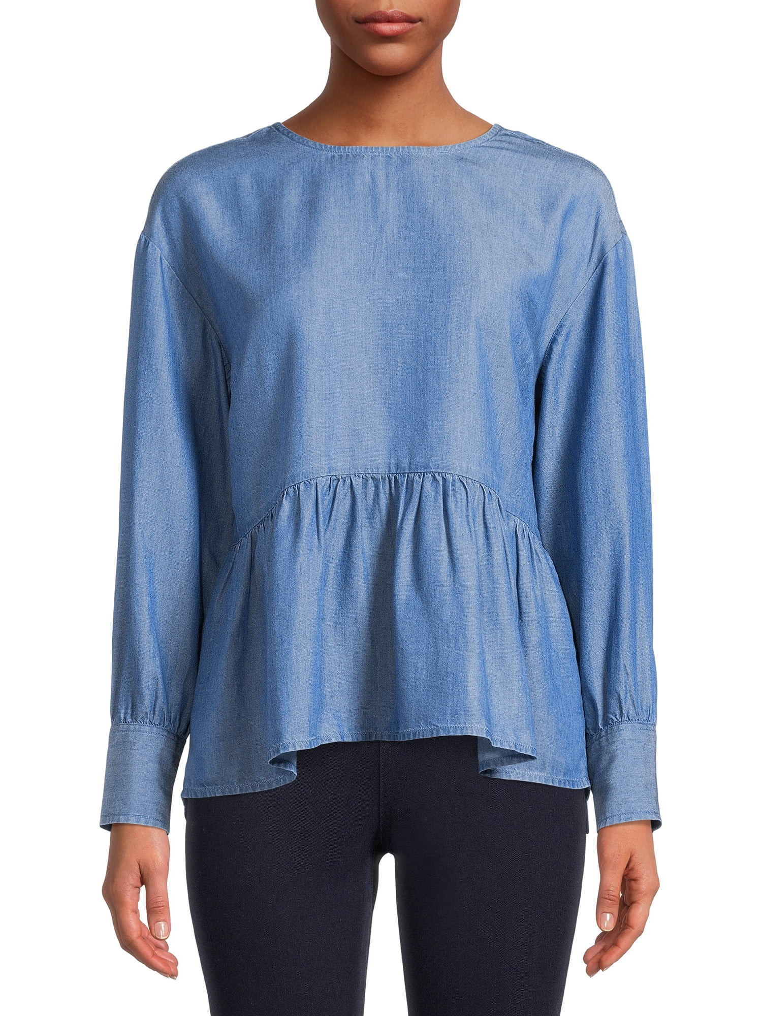 Time and Tru Women's Long Sleeve Crinkle Peplum Top - Walmart.com | Walmart (US)
