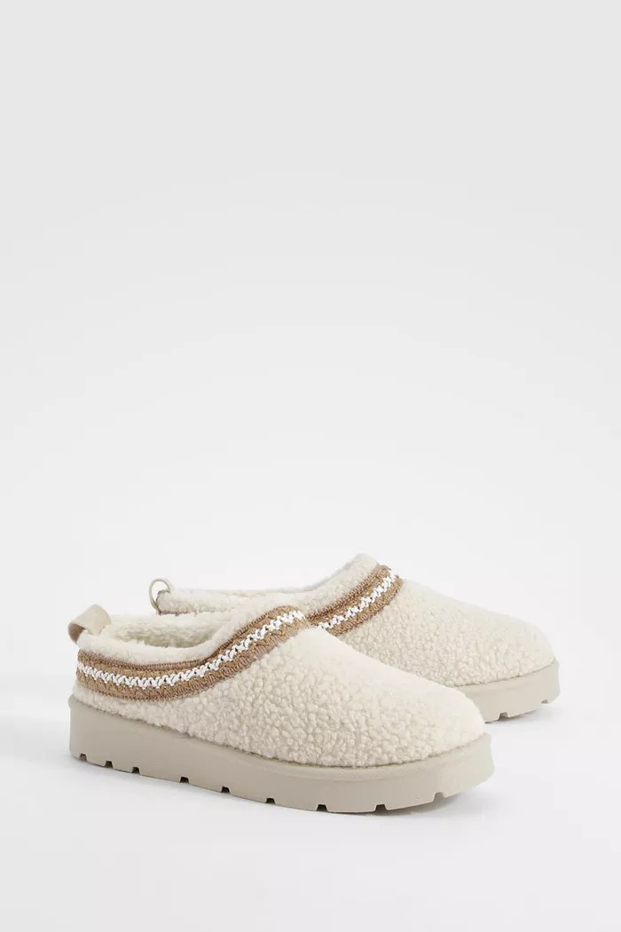 Embroidered Detailing Borg Slip On Cosy Mules | Boohoo.com (UK & IE)