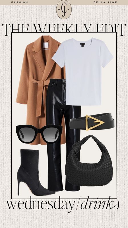 Cella Jane the weekly edit. Your week styled. Wednesday drinks with friends. Jacket, white tee, faux leather pants, belt, bag, heeled booties. 

#LTKstyletip