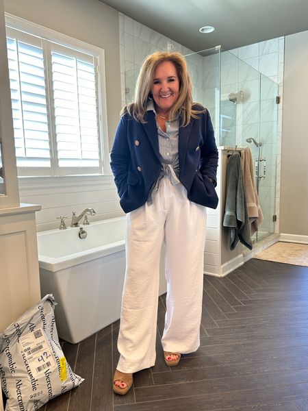 These pants have been a best seller 2 months running. They’re luxe and comfortable. I’m wearing the 12 reg. But they also come in curve love..:fuller in the hips and thigh. 

Navy blazer size XL 10% off code NANETTE10
Striped menswear blouse size large 
25% off code for sandals NYDJ MAY25

#LTKWorkwear #LTKFindsUnder100 #LTKOver40