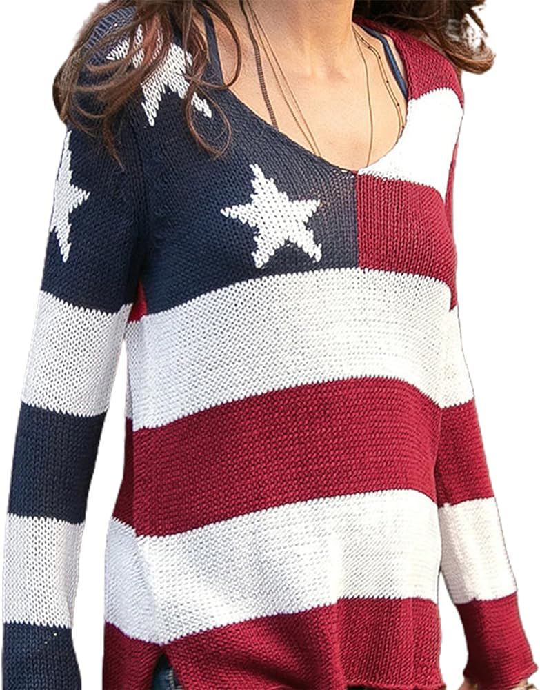 Womens Crochet Knit Tops 4th of July Outfits Flag Star Stripe Print Long Sleeve V-Neck Slit Hem S... | Amazon (US)