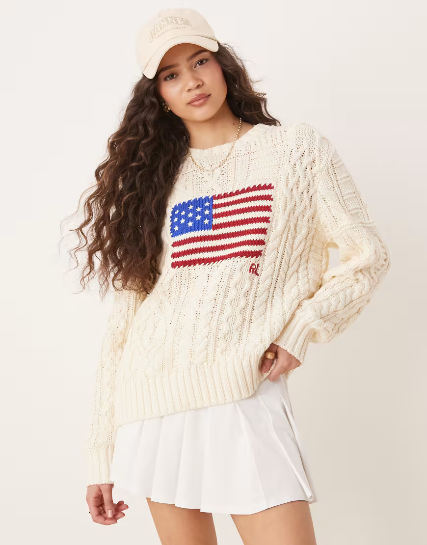 Polo Ralph Lauren flag cable knit jumper in cream-White | ASOS (Global)