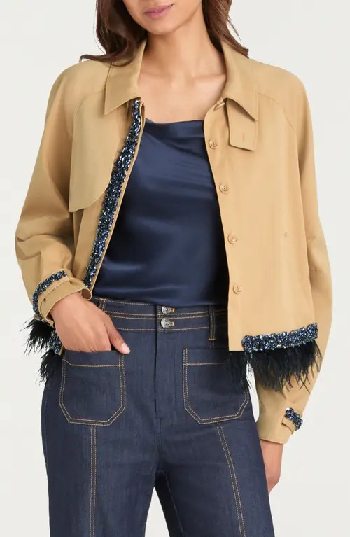 Cinq à Sept Carmila Sequin & Feather Detail Crop Trench Coat in Khaki/Navy at Nordstrom, Size Small | Nordstrom